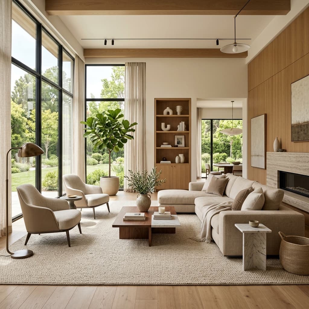 Modern interior living room with warm neutral tones and designer furniture