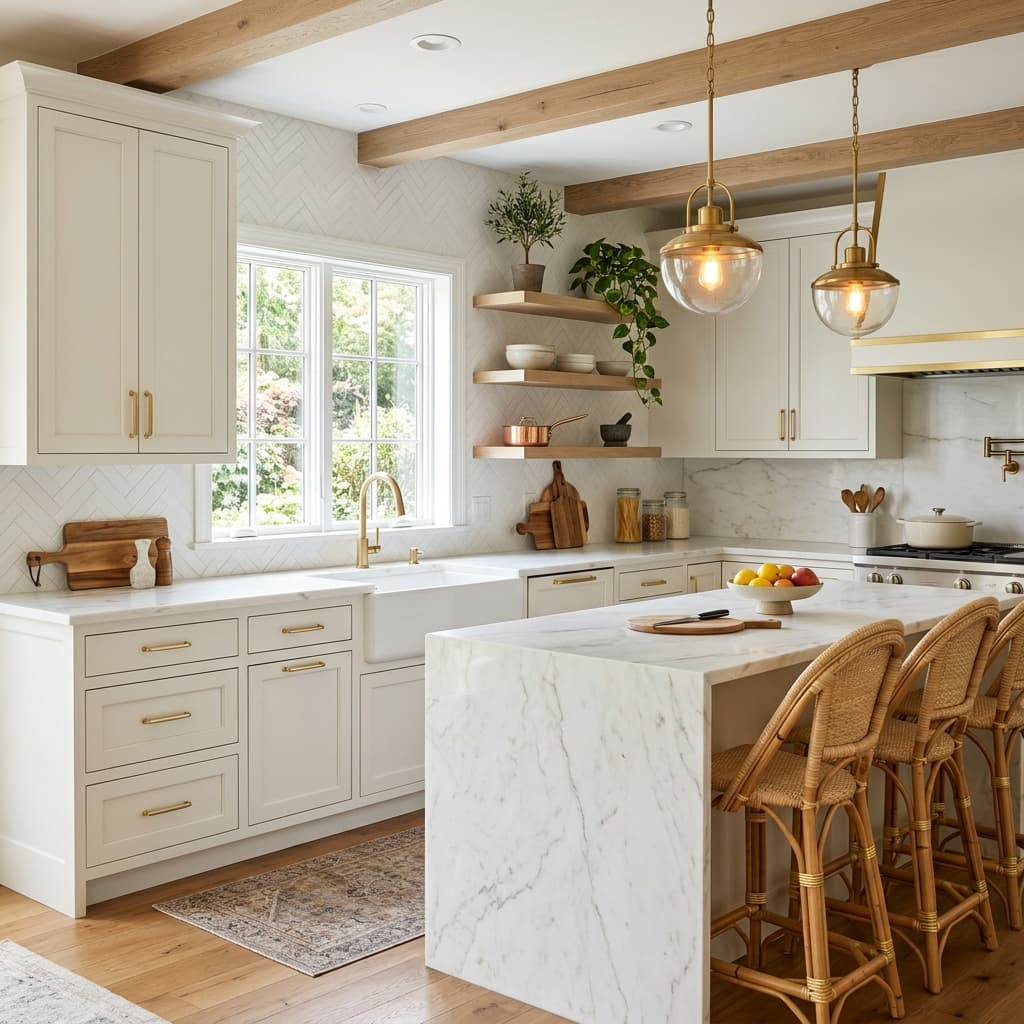 Beautifully renovated kitchen with marble countertops and gold hardware